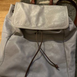 SUNDANCE LEATHER BACKPACK GRAY W/ BROWN ADJUSTABLE STRAPS, DRAWSTRING AND HANDLE